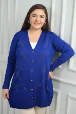 Kadın Kolları Düğme Detaylı Taş Baskı Yazılı Büyük Beden Uzun Hırka