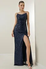 Robe longue à sequins avec bretelles en corde, drapée sur le devant, doublée et fendue