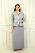 Ensemble 3 pièces grande taille pour femme : veste à sequins, chemisier à manches courtes, jupe longue doublée en crêpe