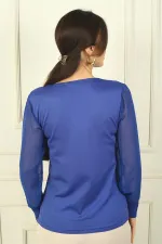 Kadın Merdiven V Yaka Kolları Şifon Kazak