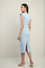 Women's Round Neck Shoulder Padded Side Gathered Lined Midi Dress