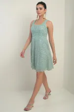 Kadın Kalın Askılı Astarlı Sim Flok Baskılı Kısa Kloş Elbise