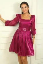 Robe courte plissée en organza à manches longues et col carré pour femme