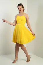 Women's Strappy, Back-Tie, Front-Opening, Lined Chiffon Short Flared Dress