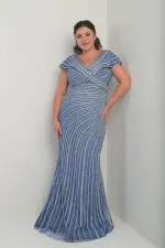 Women's Front and Back V-Neck Stone Print Lined Plus Size Fishtail Dress
