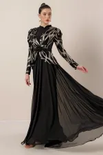 Kolları Büzgülü Güllü KEmer Detaylı Astarlı Üstü Yaldızlı Şifon Elbise