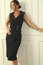 Polo Collar Wrap Dress with Stone Details, Draped, 3-Button, Half-Lined