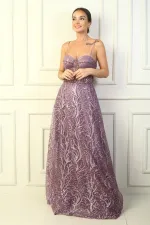 İp Askılı Boncuk Detaylı Astarlı Pul Ve Simli Balenli Uzun Elbise