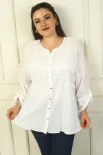 Önü Metal Düğmeli Enine Simli Geometrik Desen Kol Katlamalı Büyük Beden Yıkamalı Keten Gömlek