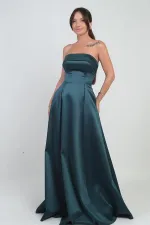 Women's Strapless Lined Long Satin Evening Dress with Pockets