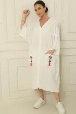 V-Neck Tasseled Double Pocket Embroidered Oversize Relaxed Fit Long Viscose Dress