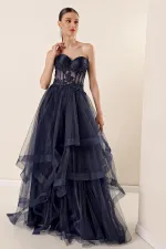 Beaded Top Transparent Layered Tulle Taffeta Long Evening Dress