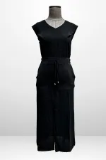 Women's V-Neck Blouse with Elastic Waist, Pockets, and Front Slit Skirt - 2-Piece Set