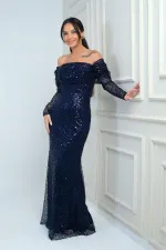 Robe de créateur doublée, à sequins, manches longues et buste drapé, doublée
