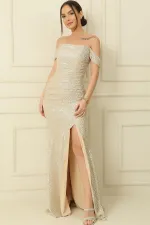 Kalın Askılı Astarlı Önü Büzgülü Pulpayet Uzun Elbise