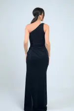 Women's One-Shoulder Side-Seam Draped Lined Lycra Glitter Long Dress