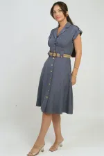 Kadın Yakalı Düşük Omuz Çift Cepli Kemerli Keten Efektli Elbise