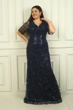 Women's Front Back V Neck Beaded-Sequin Embroidered Lined Plus Size Dress