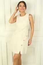 Kadın Yuvarlak Yaka Kolsuz Önü Düğme Detaylı Elbise