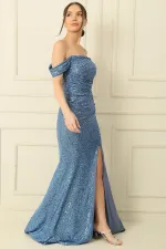 Thick Straped Lined Front Pleated Sequin Long Dress