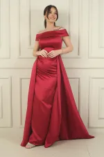 Kadın Madonna Yaka Önü Büzgülü Astarlı Pelerinli Saten Uzun Elbise