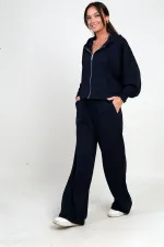 Ensemble Osyho 2 pièces pour femme : cardigan à capuche zippé, pantalon palazzo à taille élastique et poches