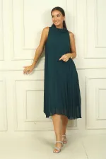 Kadın Yakası Lazer Çiçekli Astarlı Pilisoley Şifon Uzun Elbise