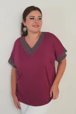 Women's Plus Size Blouse with Glitter Mesh Detail on Collar and Cuffs