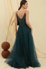 Long Tulle Dress with Rope Straps, Guipure Bead Detail and Lining