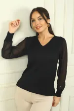 Kadın Merdiven V Yaka Kolları Şifon Kazak