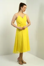 Women's Strappy Wrap Neckline Lined Lace-Up Back Flared Chiffon Dress