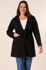 İçi Kolsuz Atletli Kapüşonlu Torba Cepli Kuşaklı Çiçek Baskılı Hırka Büyük Beden 2'li Takım