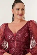 Front Back V Neck Glittery Flock Print Plus Size Long Dress