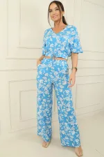Front and Back V-Neck Crop Top, Elastic Waistband, Pocketed Palazzo Pants, Floral Pattern, 2-Piece Set