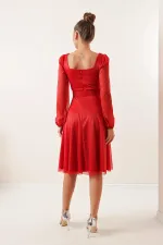 Square Neck Belted Balloon Sleeve Lined Glittery Dress