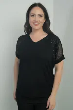 Women's V-Neck, Mesh Shoulder, Sequined, Plus Size Lycra Blouse