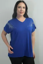 Women's Shoulder Stone Print V-Neck Batwing Sleeve BB Blouse