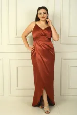 İp Askılı Kruvaze Yaka Beli Pileli astarlı Saten Uzun Abiye Elbise