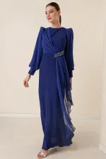 Beli Taş Aksesuarlı Likralı Şifon Detaylı Astarlı Uzun Simli Geniş Beden Aralıklı Elbise