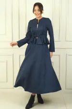 Women's Front Zippered Waist Belted Jacket Elastic Long Skirt 2-Piece Suede Set