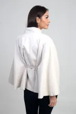 Kadın Tek Düğmeli Beli Kemerli Kaşe Panço