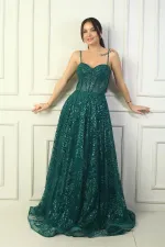 Kadın İp Askılı Boncuk Detaylı Pul İşlemeli Astarlı Uzun Abiye Elbise