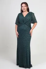 Kadın V Yaka Astarlı Önü Düğüm Detaylı Boru Boncuk İşlemeli Büyük Beden Uzun Elbise