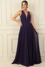 Sırt Dekolteli Önü Düğüm Detaylı Astarlı Pileli Uzun Şifon Abiye Elbise