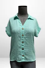 Kadın Polo Yaka Kendinden Desenli Keten Gömlek