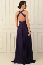 Sırt Dekolteli Önü Düğüm Detaylı Astarlı Pileli Uzun Şifon Abiye Elbise