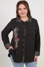 Kadın Önü Nakış İşlemeli Kot Aplikeli Büyük Beden Lyocell Gömlek