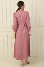 Long dress with half-button front, ribbed detail, and belted waist.