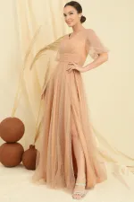 Robe longue en tissu dahlia pailleté à motif araignée, manches courtes ballon, devant et dos, col en V