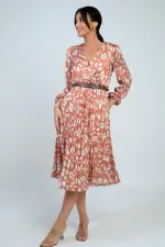 Women's Wrap Neckline Belted Lined Brush Pattern Pleated Midi Satin Dress